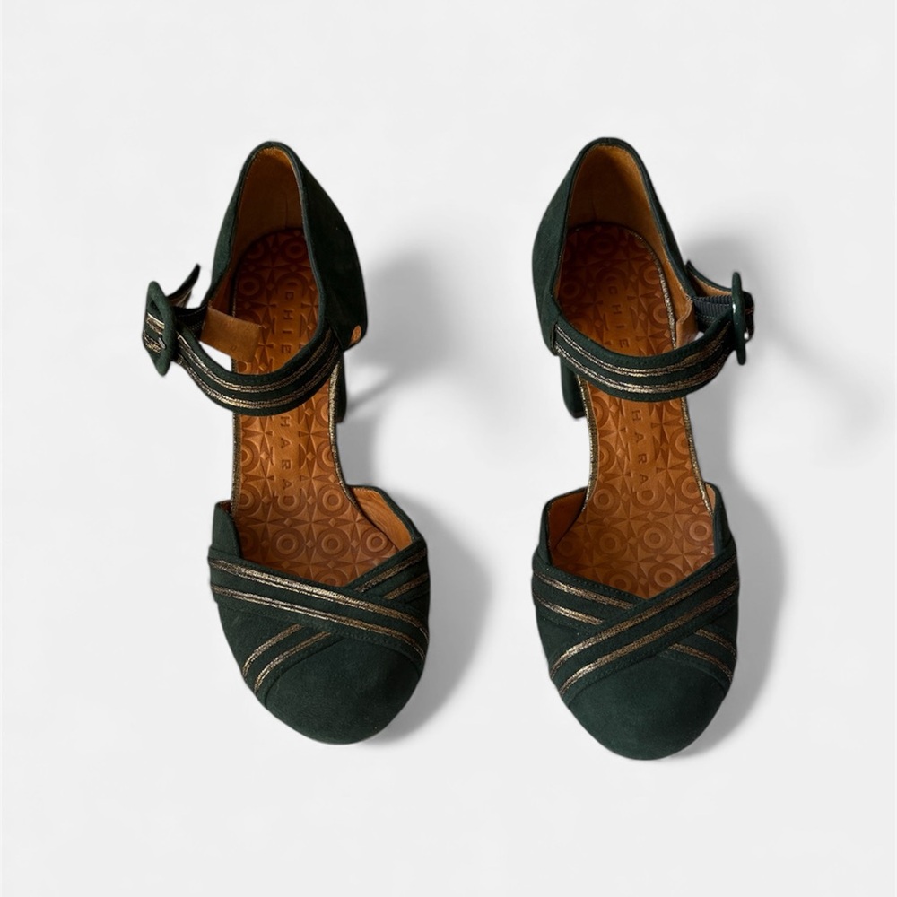 Chie Mihara Green Suede Metallic Trim Mary Jane Heels – Size 36 New - Picture 3 of 8